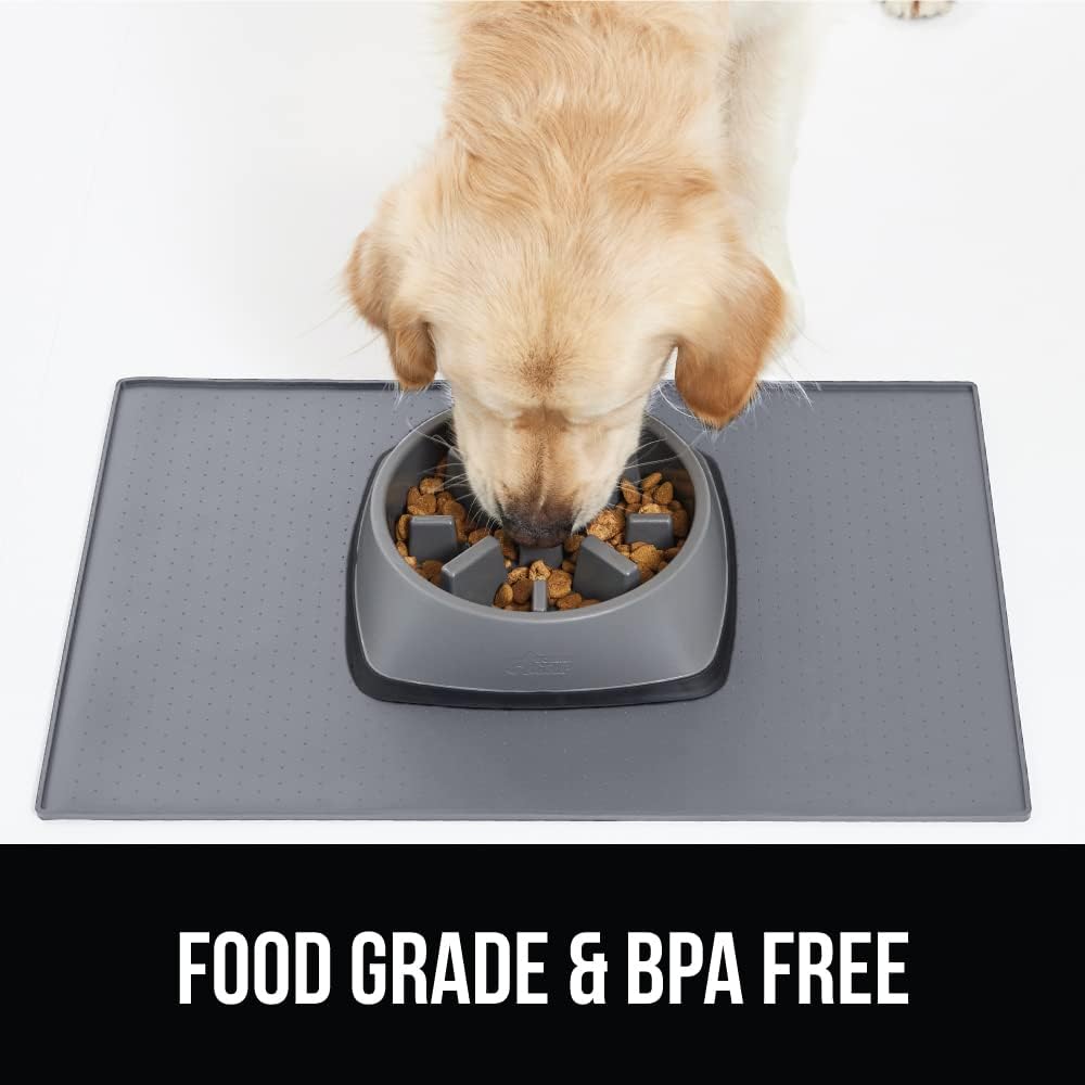 GORILLA GRIP 100% Waterproof Raised Edge BPA Free Silicone Pet Feeding Mat, Dog Cat Food Mats Contain Spills Protects Floors, Placemats for Cats and Dogs Water Bowl, Pets Accessories 16x10, Gray