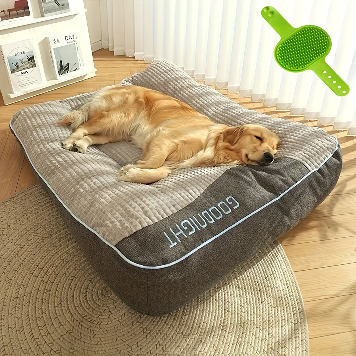 Gray Rectangular Dog Bed with Thick Polyester Fiber Cushion, Four Size Options and Included Grooming Tool